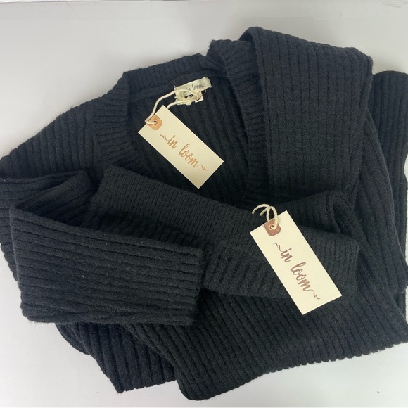 In Loom Black Ribbed Knit Cardigan And Midi Skirt Set V-Neck Long Sleeve Stretch - Picture 6 of 16